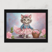 Carte Postale Chat aux fleurs roses en robe avec panier à fleurs (Devant)