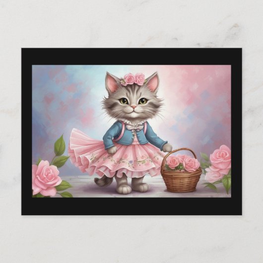 Carte Postale Chat aux fleurs roses en robe avec panier à fleurs (Devant)
