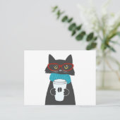 Carte Postale Chat aux lunettes tenant une tasse de café (Debout devant)
