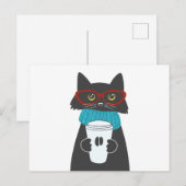 Carte Postale Chat aux lunettes tenant une tasse de café (Devant / Derrière)