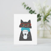 Carte Postale Chat aux lunettes tenant une tasse de café (Debout devant)
