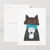 Carte Postale Chat aux lunettes tenant une tasse de café (Devant / Derrière)