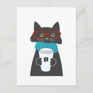 Carte Postale Chat aux lunettes tenant une tasse de café