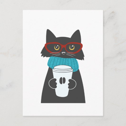 Carte Postale Chat aux lunettes tenant une tasse de café (Devant)