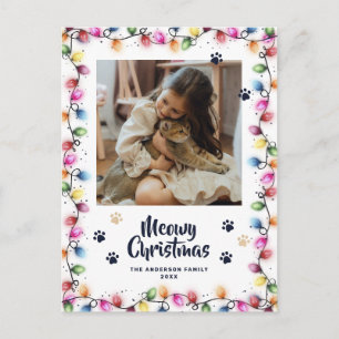 Carte Postale Chat aux pattes illuminées de Noël en bleu Photo M