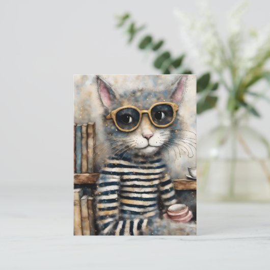 Carte Postale Chat avec café (Debout devant)