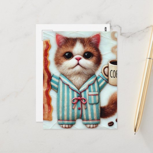 Carte Postale Chat avec Café et Bacon (Devant/Arrière en situation)
