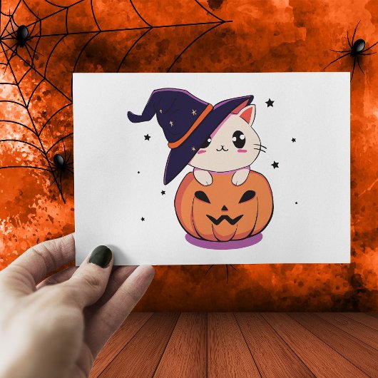 Carte Postale Chat avec casquette sorcier à Halloween Jack-O-Lan
