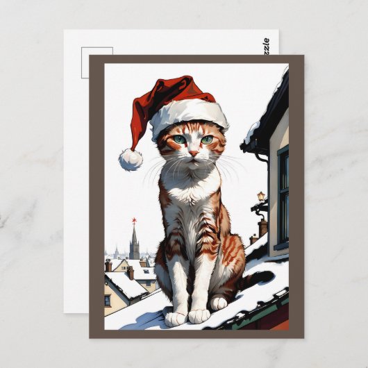 Carte Postale chat avec chapeau santa sur le toit (Devant / Derrière)