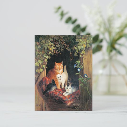 Carte Postale Chat avec chatons, peinture d'art, (Debout devant)