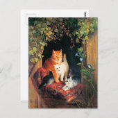 Carte Postale Chat avec chatons, peinture d'art, (Devant / Derrière)