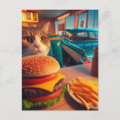 Carte Postale Chat avec Cheeseburger et Fries au Retro Diner (Devant)