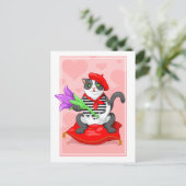 Carte Postale chat avec fleur (Debout devant)