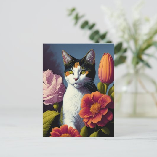 Carte Postale chat avec fleurs (Debout devant)