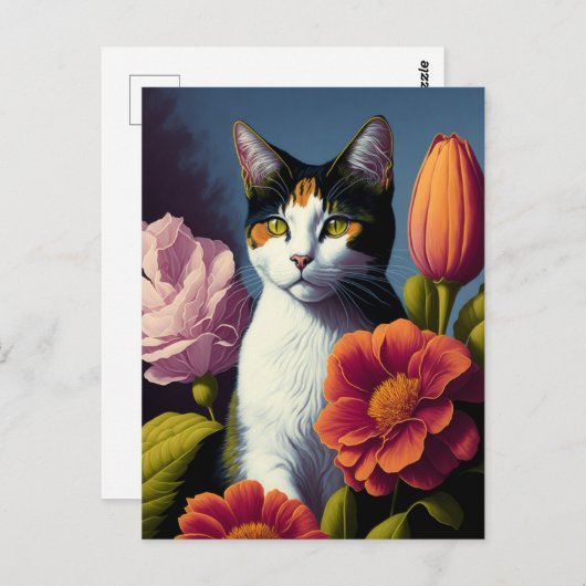 Carte Postale chat avec fleurs (Devant / Derrière)