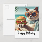 Carte Postale Chat avec Hamburger Joyeux Anniversaire (Devant / Derrière)