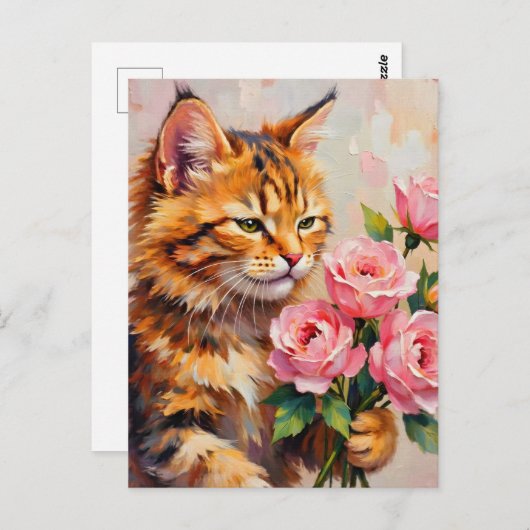 Carte Postale Chat avec Rose (Devant / Derrière)