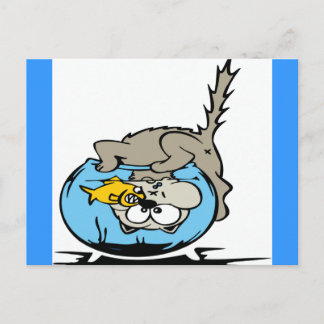 Carte Postale Chat avec sa tête coincée dans un bol de poisson