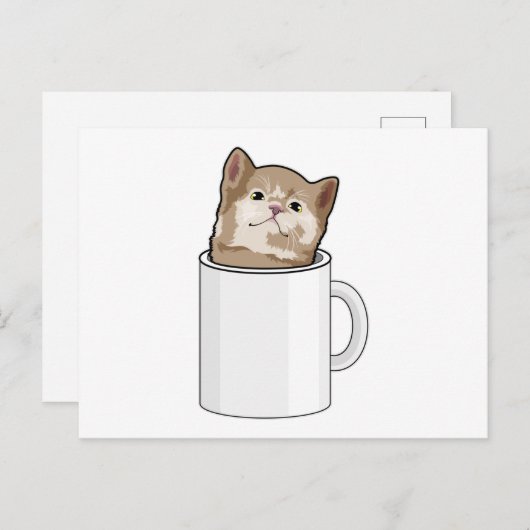 Carte Postale Chat avec tasse à café (Devant / Derrière)