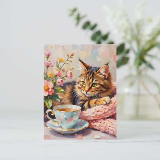 Carte Postale Chat avec Tea Cup (Debout devant)