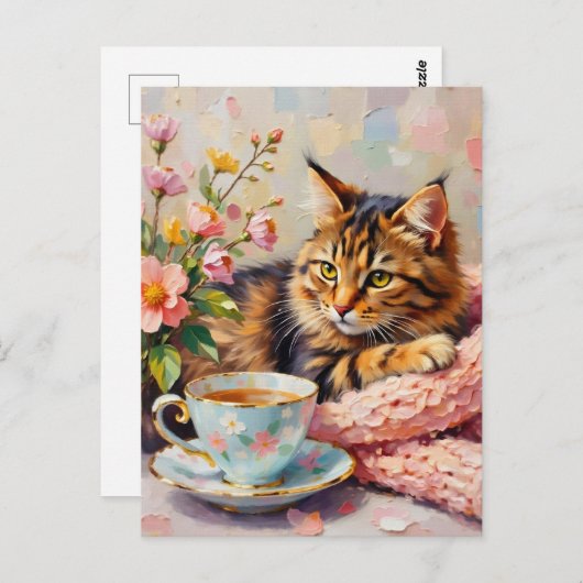 Carte Postale Chat avec Tea Cup (Devant / Derrière)