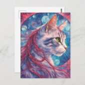 Carte Postale Chat avec tresses longues roses (Devant / Derrière)