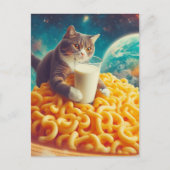 Carte Postale Chat avec un verre de lait sur une planète Pâtes a (Devant)