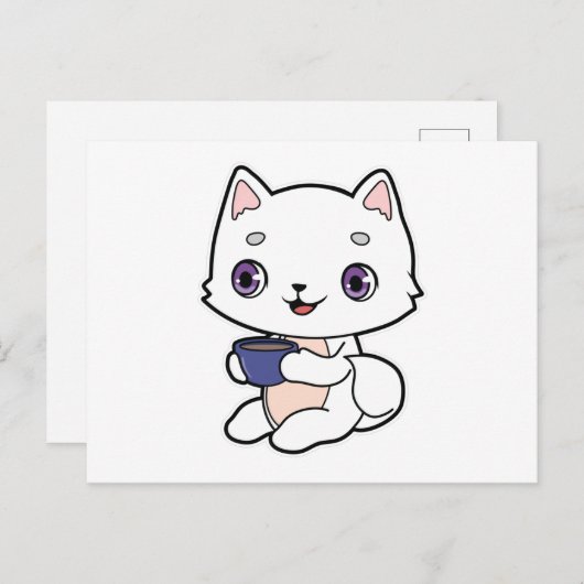 Carte Postale Chat avec une tasse de café (Devant / Derrière)