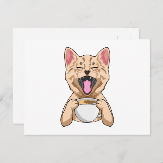 Carte Postale Chat avec une tasse de café (Devant / Derrière)