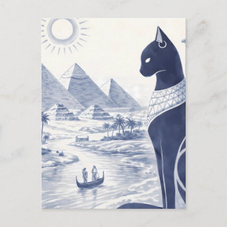 Carte Postale Chat Bastet égyptien antique et Pyramides Bleu