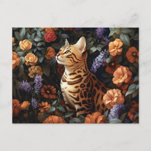 Carte Postale Chat Bengale entouré de belles fleurs