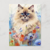 Carte Postale Chat Birman entouré de fleurs (Devant)