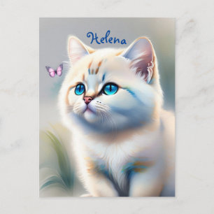 Carte Postale chat blanc aux yeux bleus, peinture à l'aquarelle