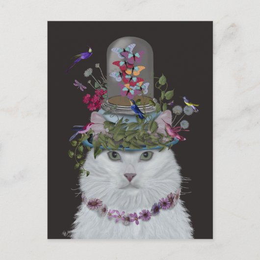 Carte Postale Chat blanc avec cloche papillon (Devant)