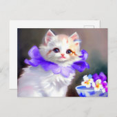Carte Postale Chat blanc avec collier de fleurs violettes (Devant / Derrière)