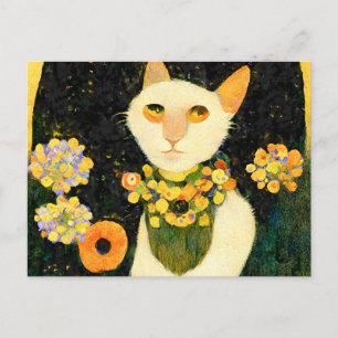 Carte Postale Chat blanc avec des fleurs. Peint dans le style Ar