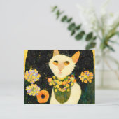 Carte Postale Chat blanc avec des fleurs. Peint dans le style Ar (Debout devant)