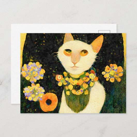 Carte Postale Chat blanc avec des fleurs. Peint dans le style Ar (Devant / Derrière)