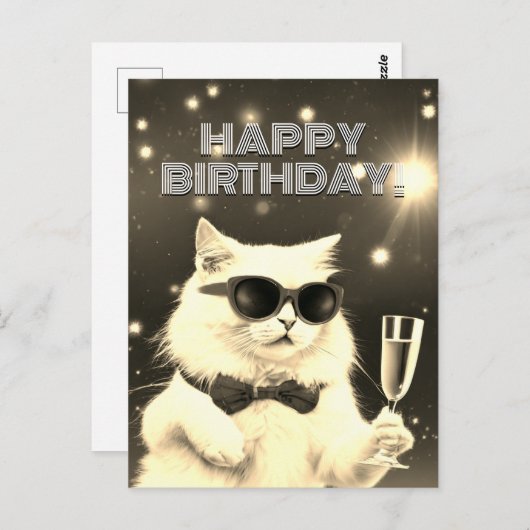 Carte Postale Chat blanc avec des lunettes de soleil pour célébr (Devant / Derrière)