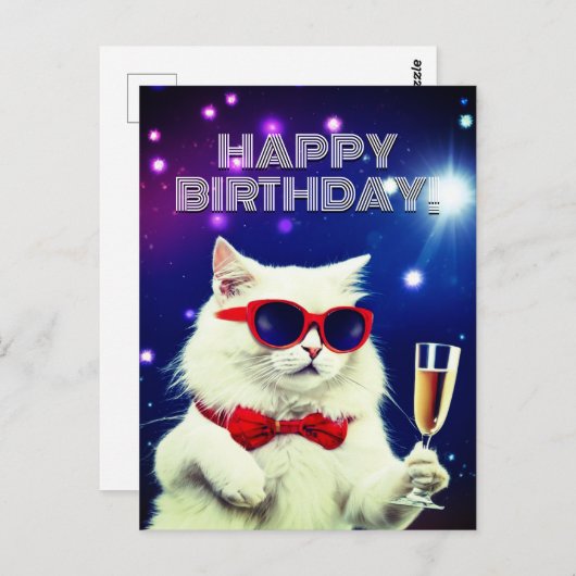 Carte Postale Chat blanc avec des lunettes de soleil pour célébr (Devant / Derrière)