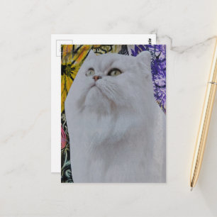 Carte Postale Chat blanc dans des fleurs Collage en techniques m