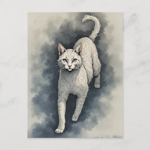 Carte Postale Chat blanc dans un style de dessin d'encre chinois