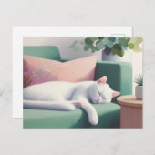 Carte Postale Chat blanc dormant sur un canapé vert / Amoureux d (Devant / Derrière)