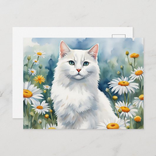 Carte Postale Chat Blanc Élégant Aquarelle avec Fleurs de Margue (Devant / Derrière)