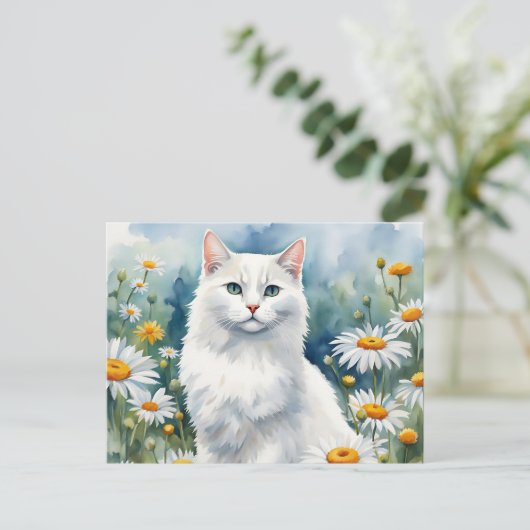 Carte Postale Chat Blanc Élégant Aquarelle avec Fleurs de Margue (Debout devant)