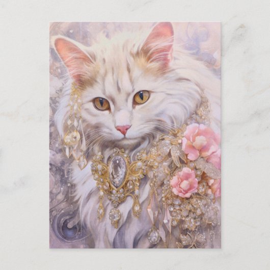 Carte Postale Chat Blanc Élégant en Or et Diamants (Devant)