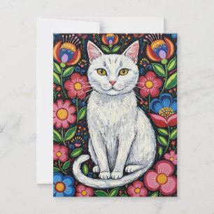Carte Postale Chat blanc en Fleurs d'Art folklorique colorées