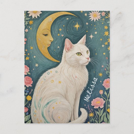 Carte Postale Chat blanc enchanteur aux yeux verts (Devant)