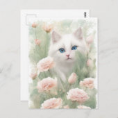 Carte Postale Chat blanc et fleurs roses (Devant / Derrière)