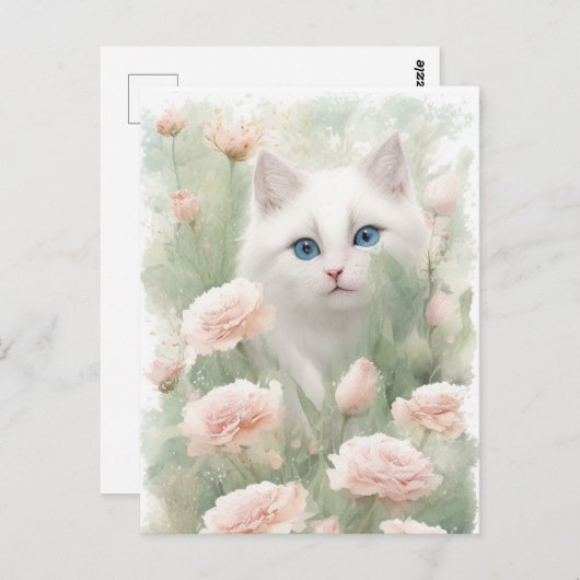 Carte Postale Chat blanc et fleurs roses (Devant / Derrière)